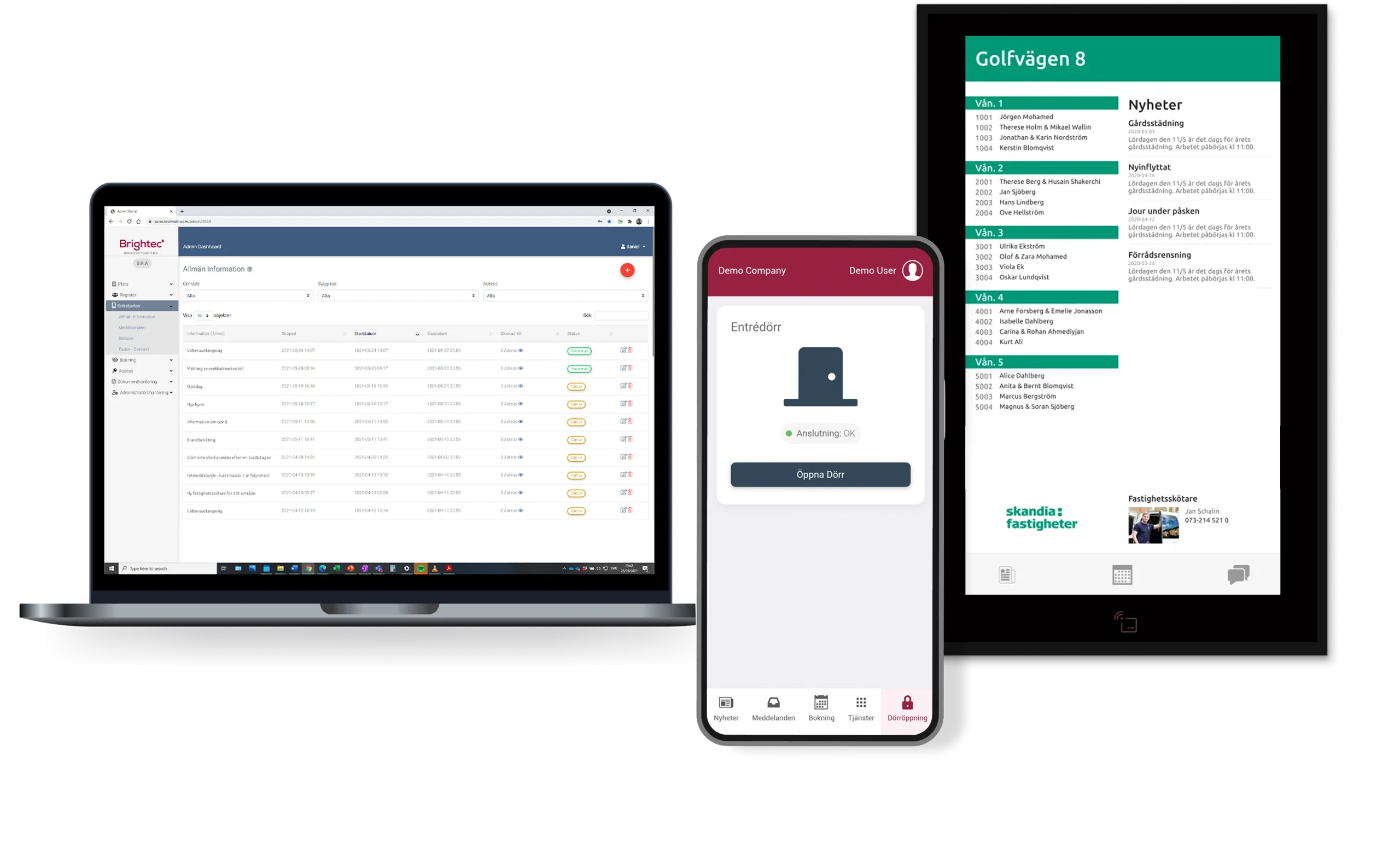 Skärmar med Brightec Homes adminportal, mobilapp och entrétavla