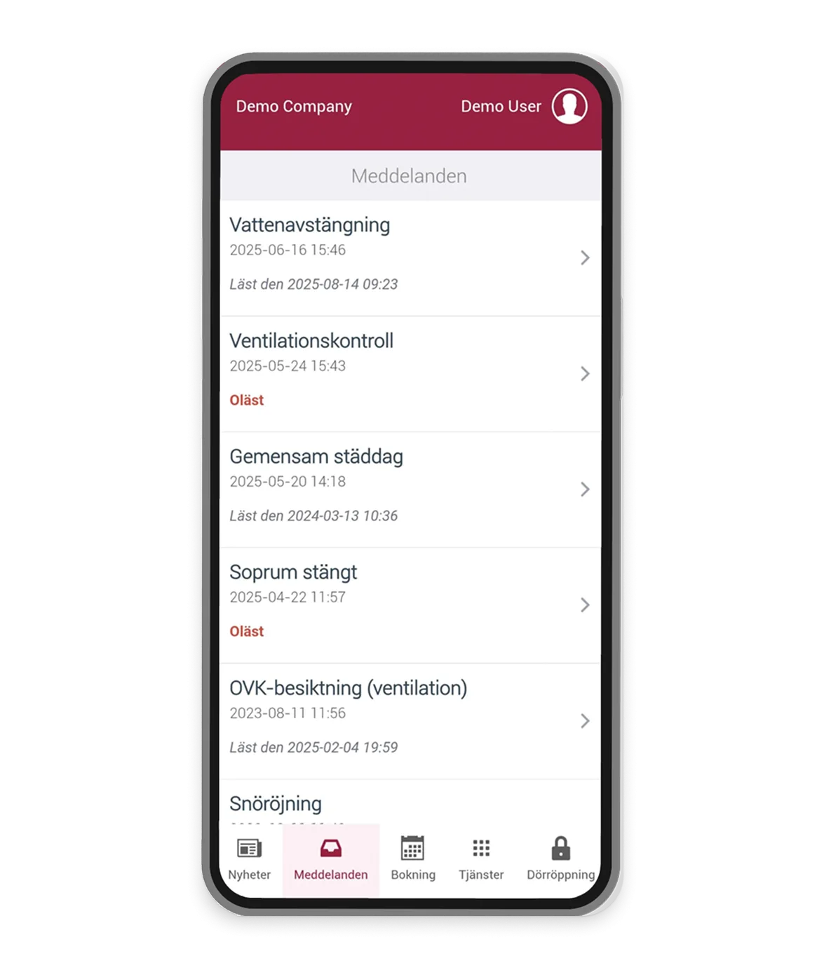 Meddelandevyn i Brightec Home-appen