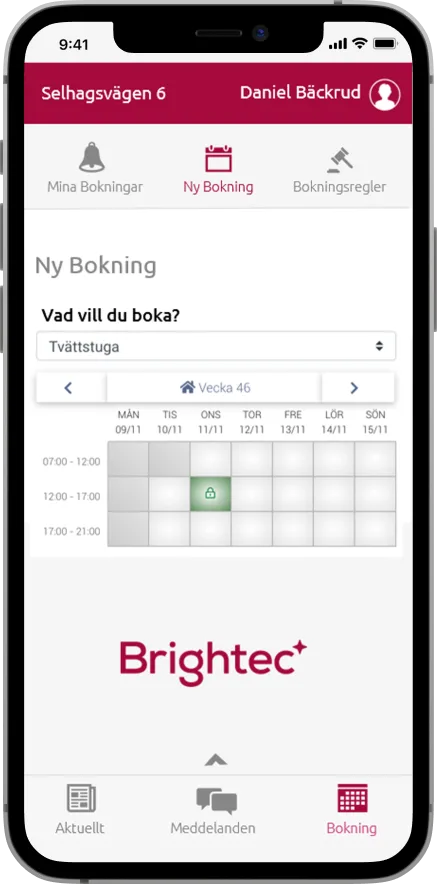 Mobilvy av Brightec Home – bokningsfunktion